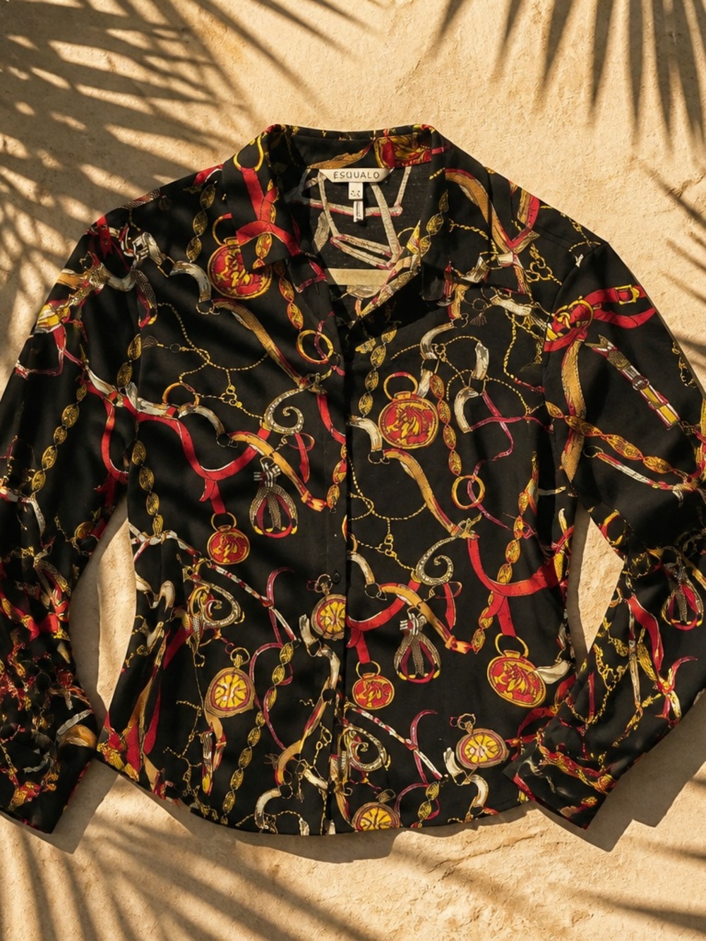 ESQUALO Black Button-Up Blouse with Red and Gold Chain Print